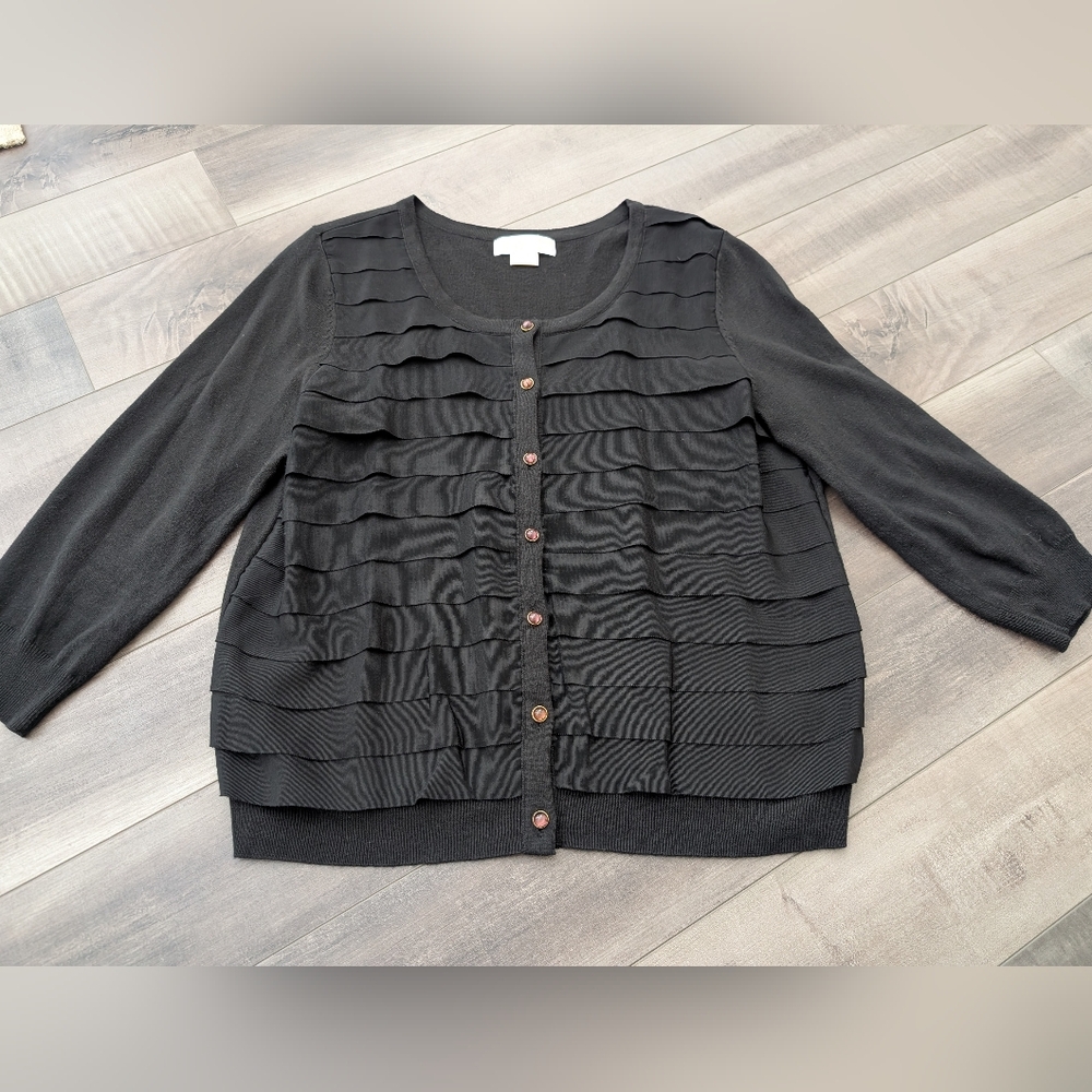 MICHAEL MICHAEL KORS Cardigan Black Tiered with Purple and Gold Buttons Size XL